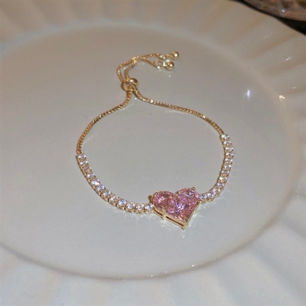 Love Heart Charm Bracelet for Women,Adjustable CZ Pink Heart Bracelet